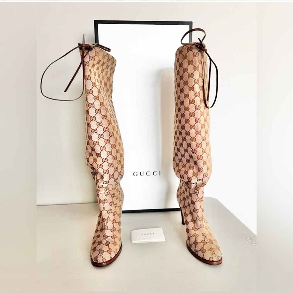 Gucci Beige GG Monogram Knee-High Boots - Picture 6 of 10